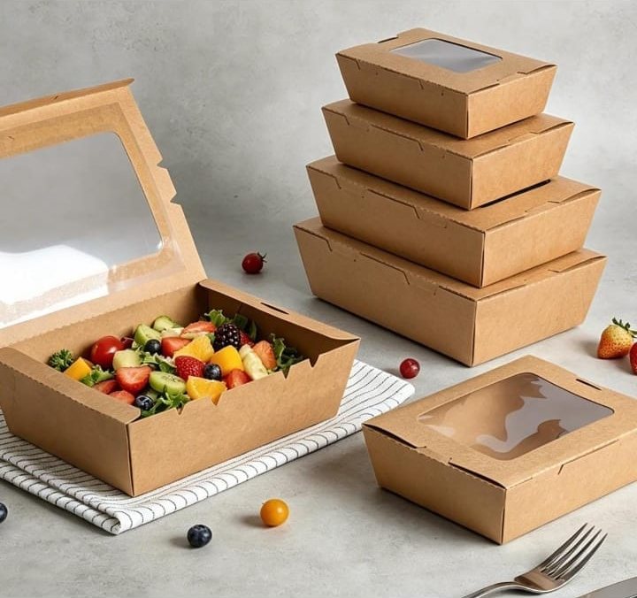 Kraft takeout boxes with clear windows in several sizes, one holding fruit salad