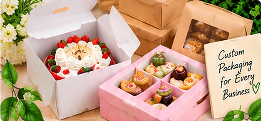 Cake and dessert boxes with a custom packaging tag