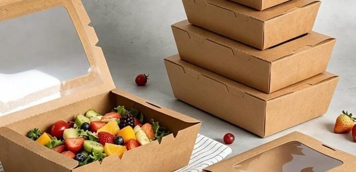 Kraft takeout boxes with clear windows in several sizes, one holding fruit salad