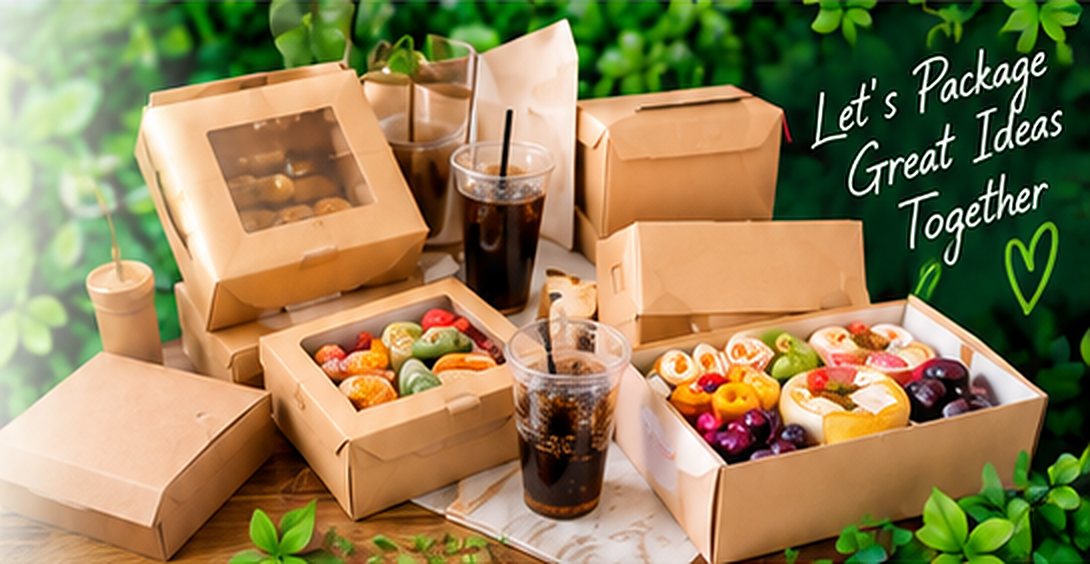 Kraft takeaway boxes and cups with fruit and snacks