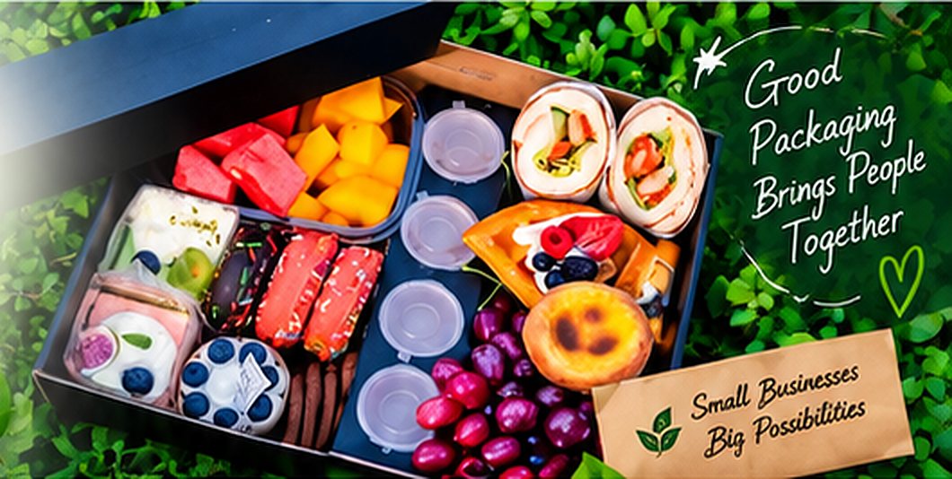 Assorted food packed in a dark gift box with compartments