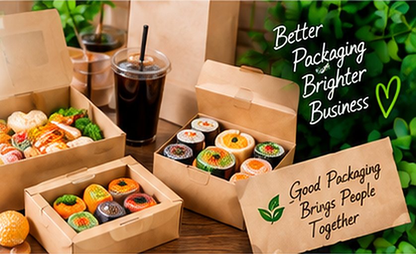 Kraft food boxes with sushi, pastries and iced drinks