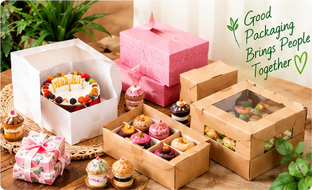 Cake, bakery and gift boxes arranged on a table